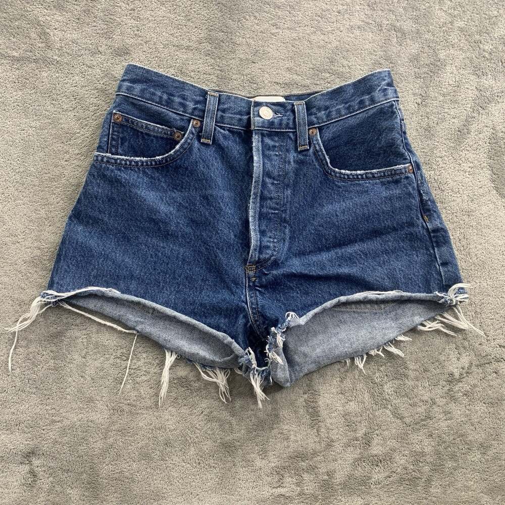 AGOLDE Mila Vintage High Rise Shorts Womens 25 Enamour Blue Denim Button Fly